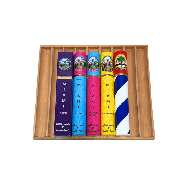 A picture of a cigar sampler for el mago cigars including the miami art deco, art deco maduro, el pepe, el triunfante, and el cubano